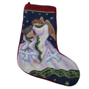 Vintage Imperial Elegance Needlepoint Christmas Stocking Angel Dove Velvet Back